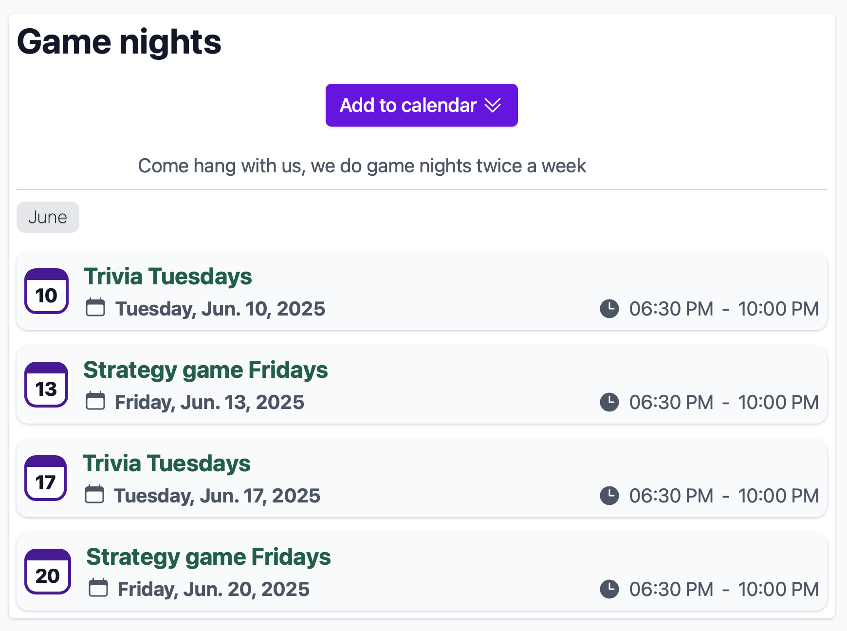 Screenshot of the share buttons available on the calendar page