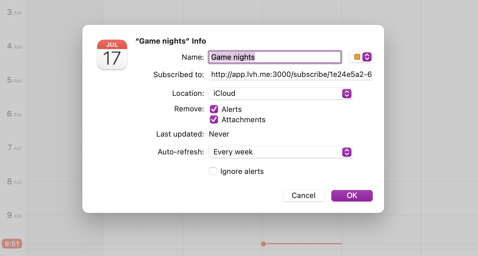 Screenshot of the apple calendar app adding a subscription to the shared calendar.