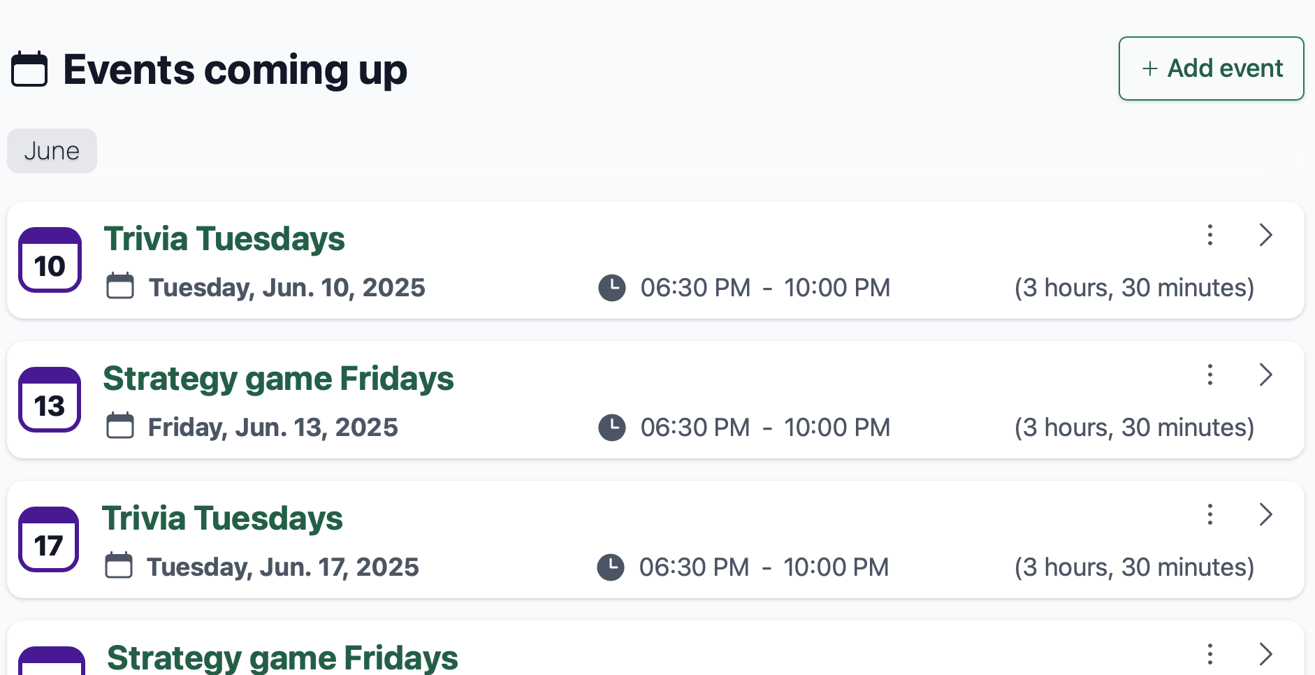 Screenshot of managing calendar events on the calendar page