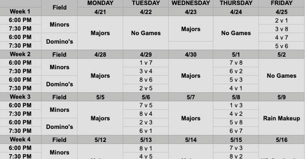 A real example of a shared calendar for a baseball team